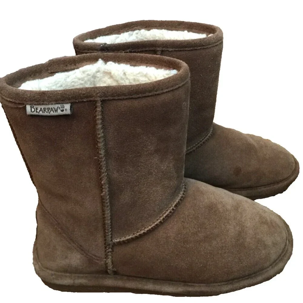 BEARPAW EVA NEVERWET BROWN SUEDE SHEEPSKIN ANKLE BOOTS S410Y YOUTH SIZE 4